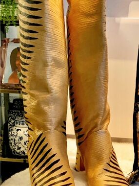 Miista Metallic Gold Over-the-Knee Boots with Black Zebra Stripes
